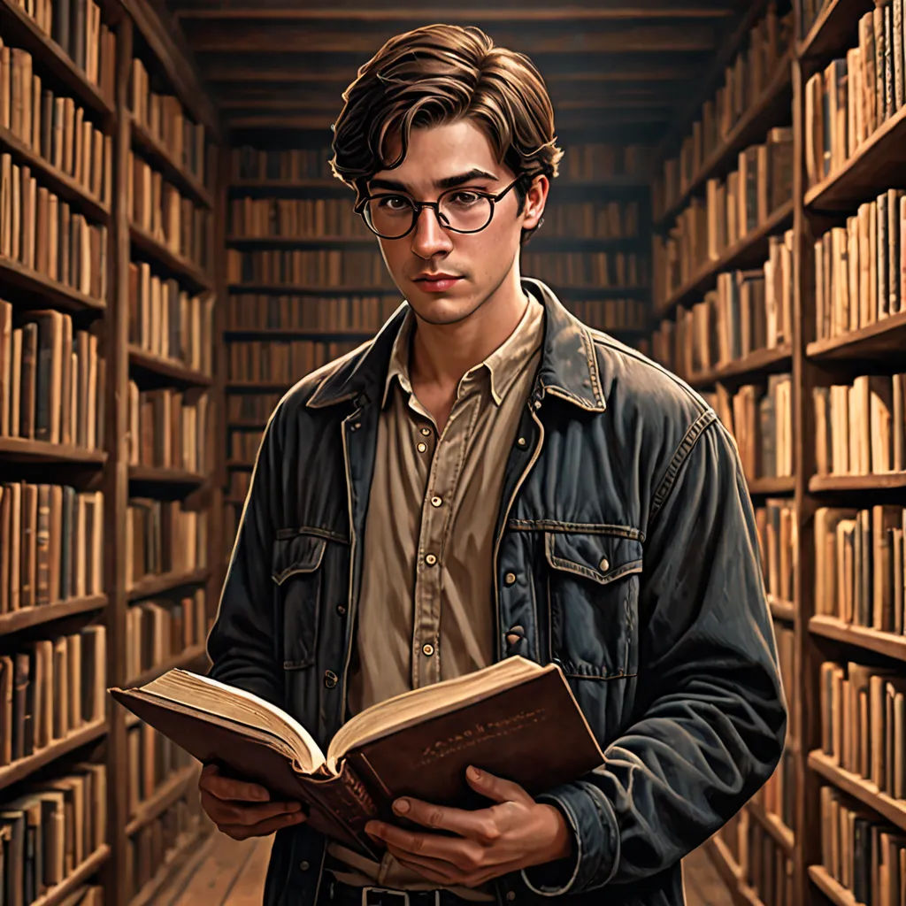 a man standing in a library holding a book and looking at the camera with a book in his hands, fantasy art, a character portrait, Cedric Seaut (Keos Masons), character portrait
