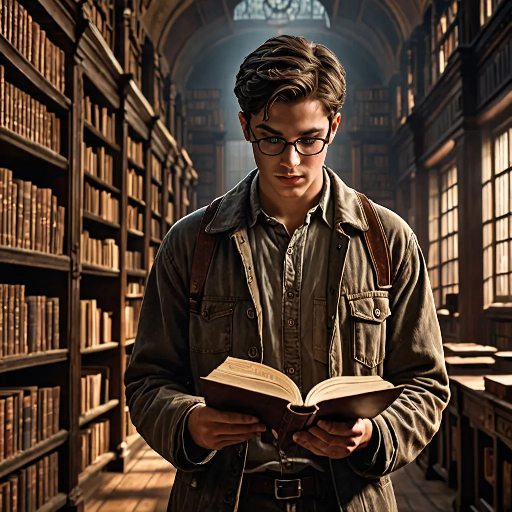 a man standing in a library reading a book with a book bag on his shoulder and a book in his hand, academic art, a character portrait, Colin Middleton, promotional image