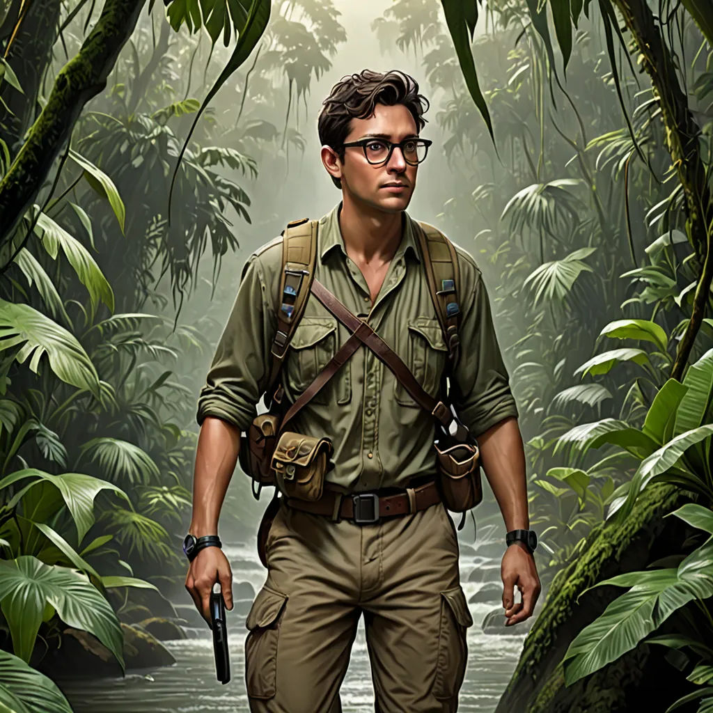 a man in a jungle with a gun in his hand and a jungle background with a stream in the foreground, serial art, poster art, Adam Rex, promotional image