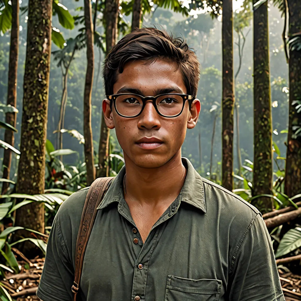 a man in glasses standing in a forest with trees and plants behind him and a camera in his hand, sumatraism, a character portrait, Bikash Bhattacharjee, jayison devadas