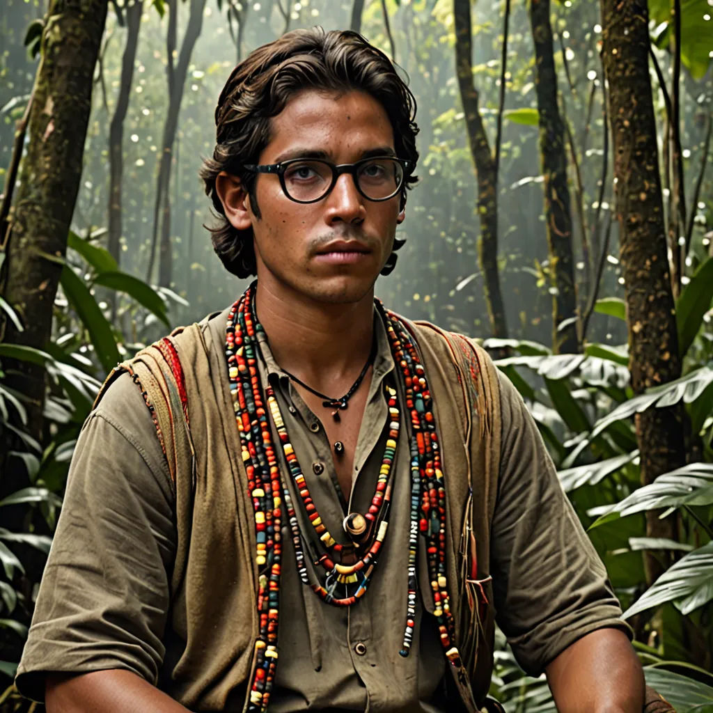 a man in a jungle with a necklace and glasses on sitting in a chair with a laptop on his lap, primitivism, a character portrait, Federico Uribe, promotional image