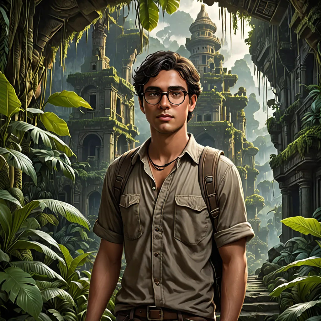 a man in a jungle with a backpack and glasses on his head and a jungle background with a man in a shirt and glasses, serial art, a detailed matte painting, Cedric Seaut (Keos Masons), key art