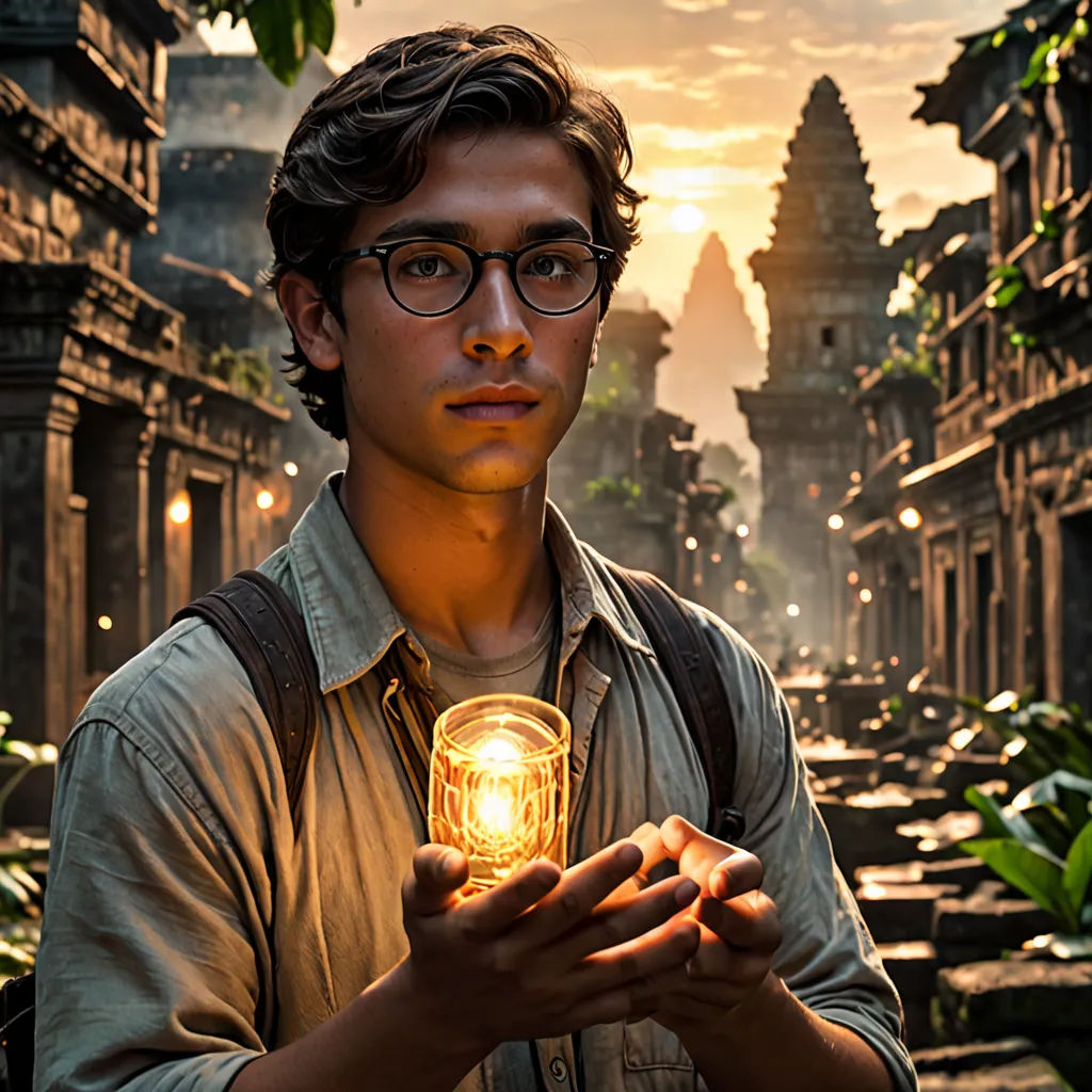 a man holding a light bulb in his hands in front of a city street at sunset with a temple in the background, magical realism, a detailed matte painting, Cedric Seaut (Keos Masons), imax 70 mm footage