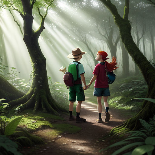 haunting-fox606: Illustrate an enchanting moment in the magical forest as  Lucy, a curious little girl with bright red hair and big, sparkling green  eyes, eagerly grasps the shiny brass handle of the