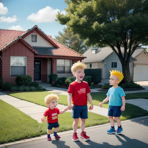 three children are standing in the street in front of a house with a red roof and a red and white house