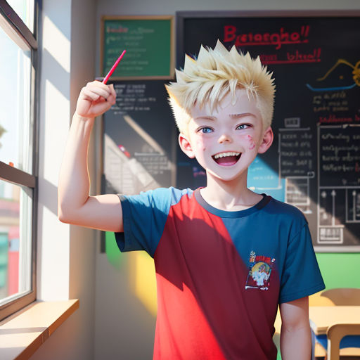 a young boy with a mohawk holding a pair of scissors in his hand and smiling at the camera while standing in front of a chalk board