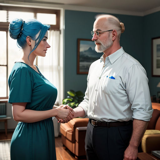 a man and a woman shaking hands in a living room with a couch and a table in the background