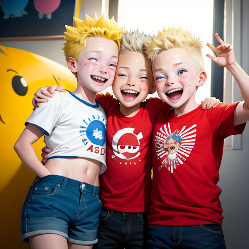 three children with their arms around each other smiling and posing for a picture together in front of a yellow wall