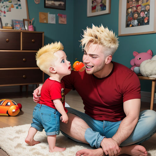 a man and a child are playing with a toy in a room with toys on the floor and a rug