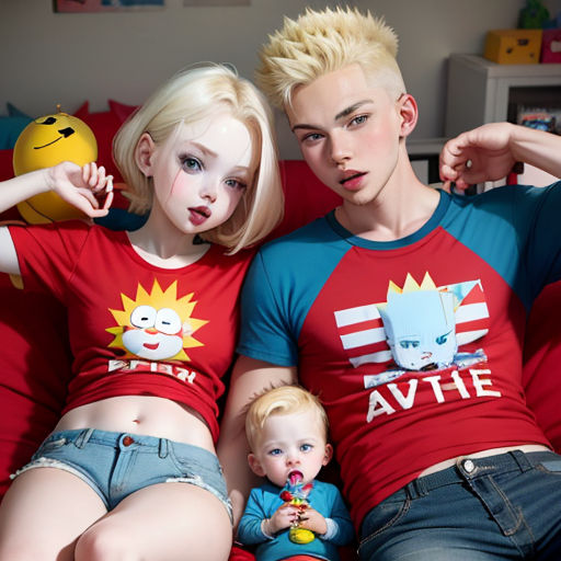 a couple of people that are sitting on a couch together with a baby in front of them and a doll