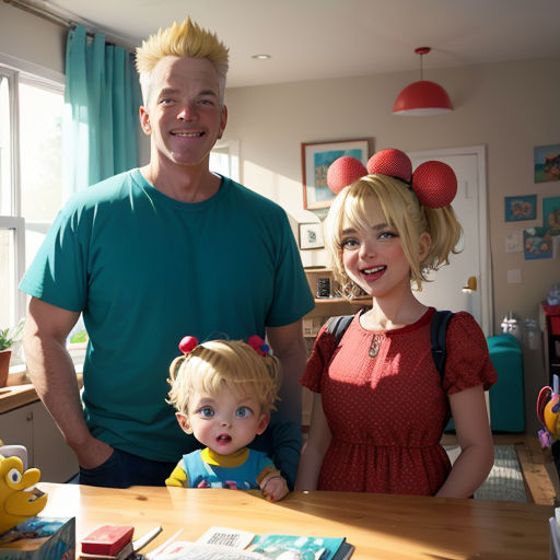 a man and a woman standing next to a child in a kitchen with a table with a cake on it