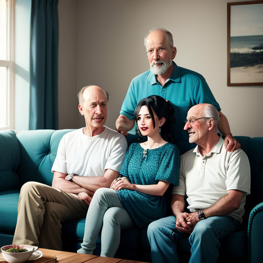 a family sitting on a couch in a living room together, posing for a picture with their arms around each other