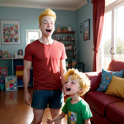 a man and a boy laughing in a living room with a red couch and a red couch behind them