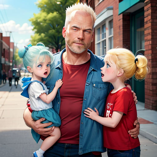 a man holding two children on a city street with a woman and a child in his arms and a man in a red shirt and blue jacket