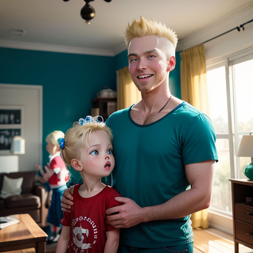 a man and a little boy standing in a living room together, with a blue wall behind them and a ceiling fan