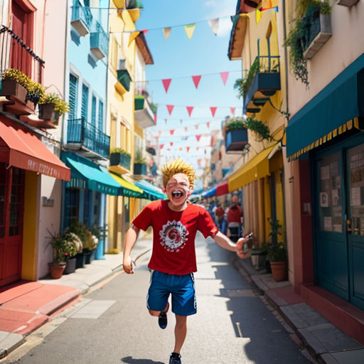 a young boy running down a street in a town with buildings and flags on the sides of the street