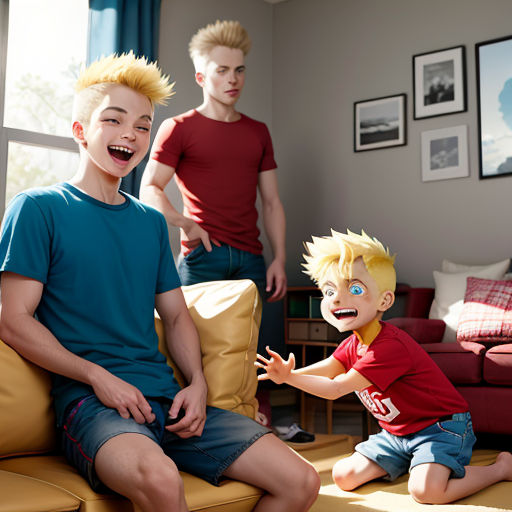 a boy with a mohawk sitting on a couch with another boy standing behind him and another boy standing behind him