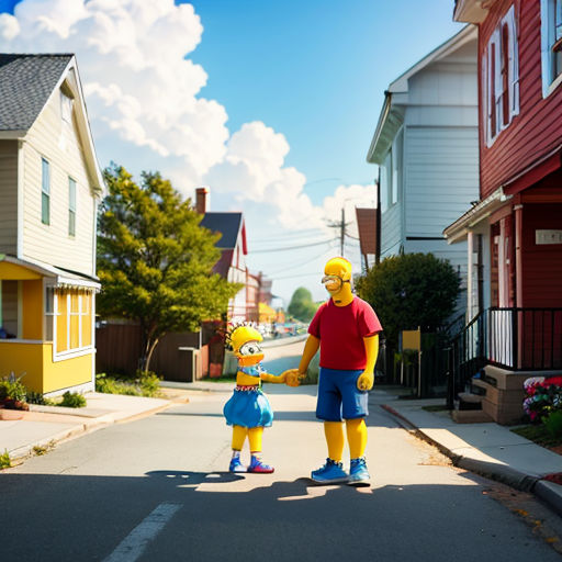 a man and a child are walking down the street in the simpsons neighborhood of a neighborhood in the united states