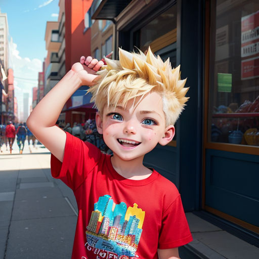 a young boy with a mohawk on his head standing on a street corner in front of a storefront