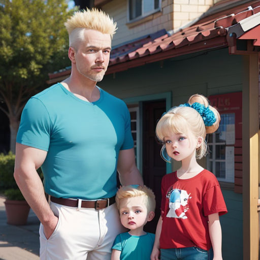 a man and two children standing in front of a house with a red roof and a blue shirt on