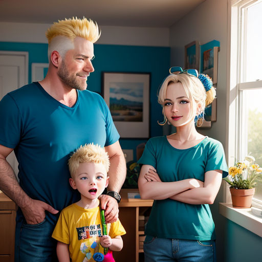 a man and woman standing next to a boy with a blonde haircut and a blue shirt on and a yellow shirt on