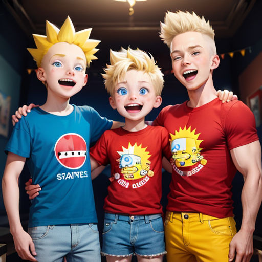 three young boys are posing for a picture together in the hallway of a building with a cartoon character on the wall