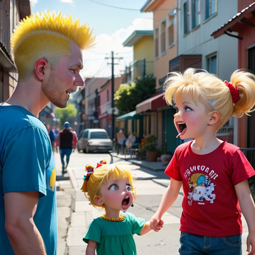 a man and two children with yellow hair on a street corner with buildings in the background and a man with a mohawk