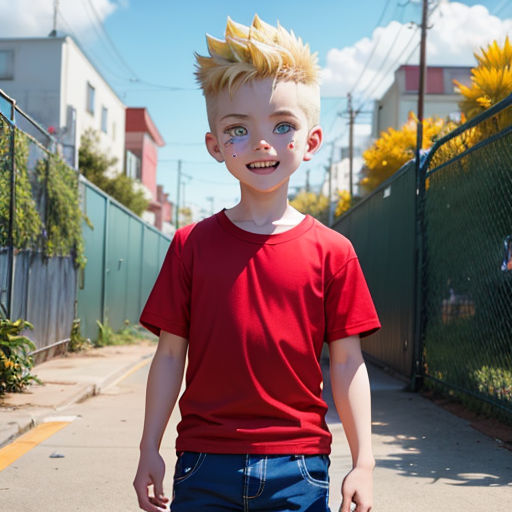 a young boy with a mohawk walking down a sidewalk with a skateboard in his hand and a red shirt on