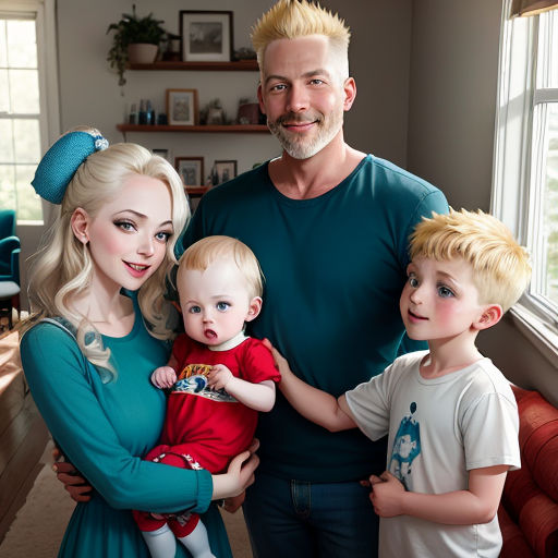 a man and two children pose for a picture with a man in a blue shirt and blonde hair and a woman in a green shirt