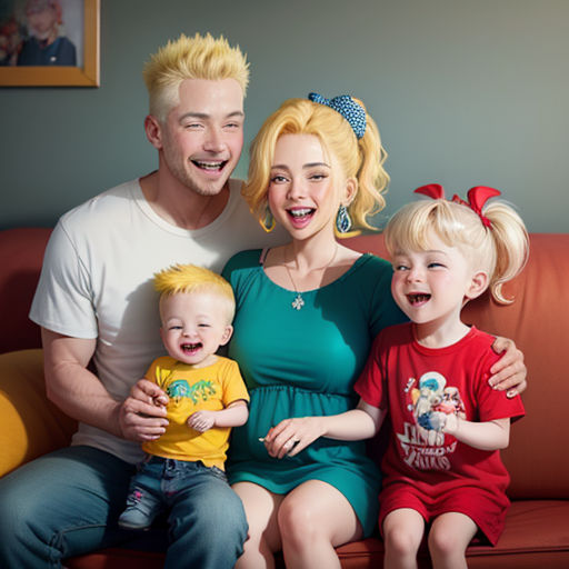 a man and two children sitting on a couch with a woman and two children smiling at the camera and a man holding a baby