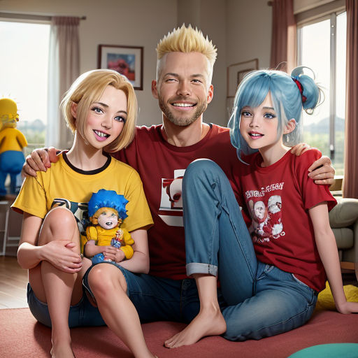 a man and two children sitting on a couch in a living room with a large window behind them and a stuffed animal