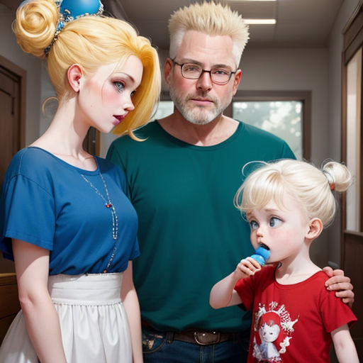 a man and two children are standing in a hallway with a man brushing his teeth and a woman is standing next to them