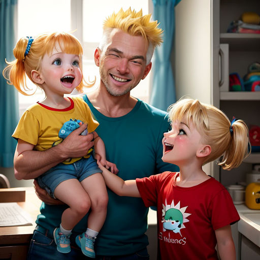 a man holding two children in his arms and smiling at the camera while standing next to a woman and a child