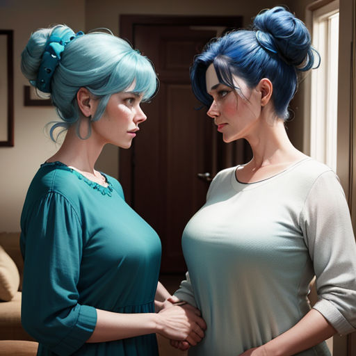 two women standing next to each other in a room with a door and a couch in the background, one of them is wearing blue hair