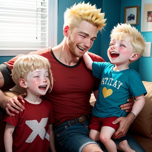 a man and two boys sitting on a couch laughing together and laughing at each other's eyes with a man in the background