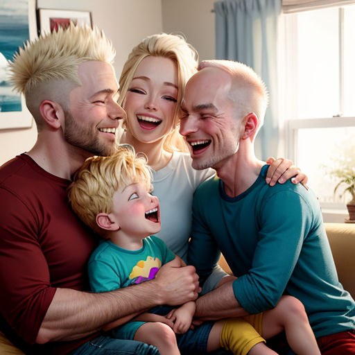 a family of three sitting on a couch together smiling at the camera with a child in the foreground