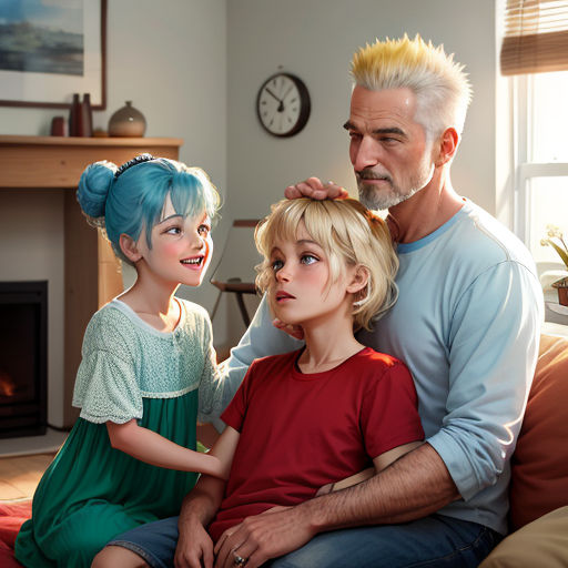 a man and two children sitting on a couch in front of a fireplace with a clock on the wall