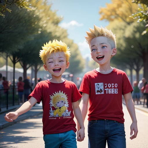 two young boys walking down a street with their skateboards in hand and one boy with yellow hair and the other boy with blue jeans and red shirt