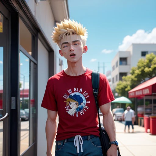 a young man with a mohawk walks down the street in front of a storefront with a red shirt on