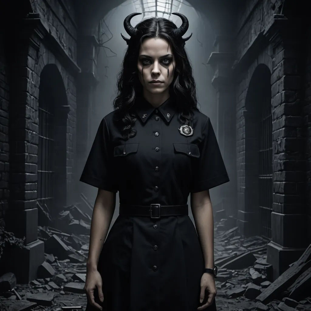 a woman in a black dress with horns on her head standing in a dark alleyway with rubble and debris, symbolism, a character portrait, Dirk Crabeth, promotional image