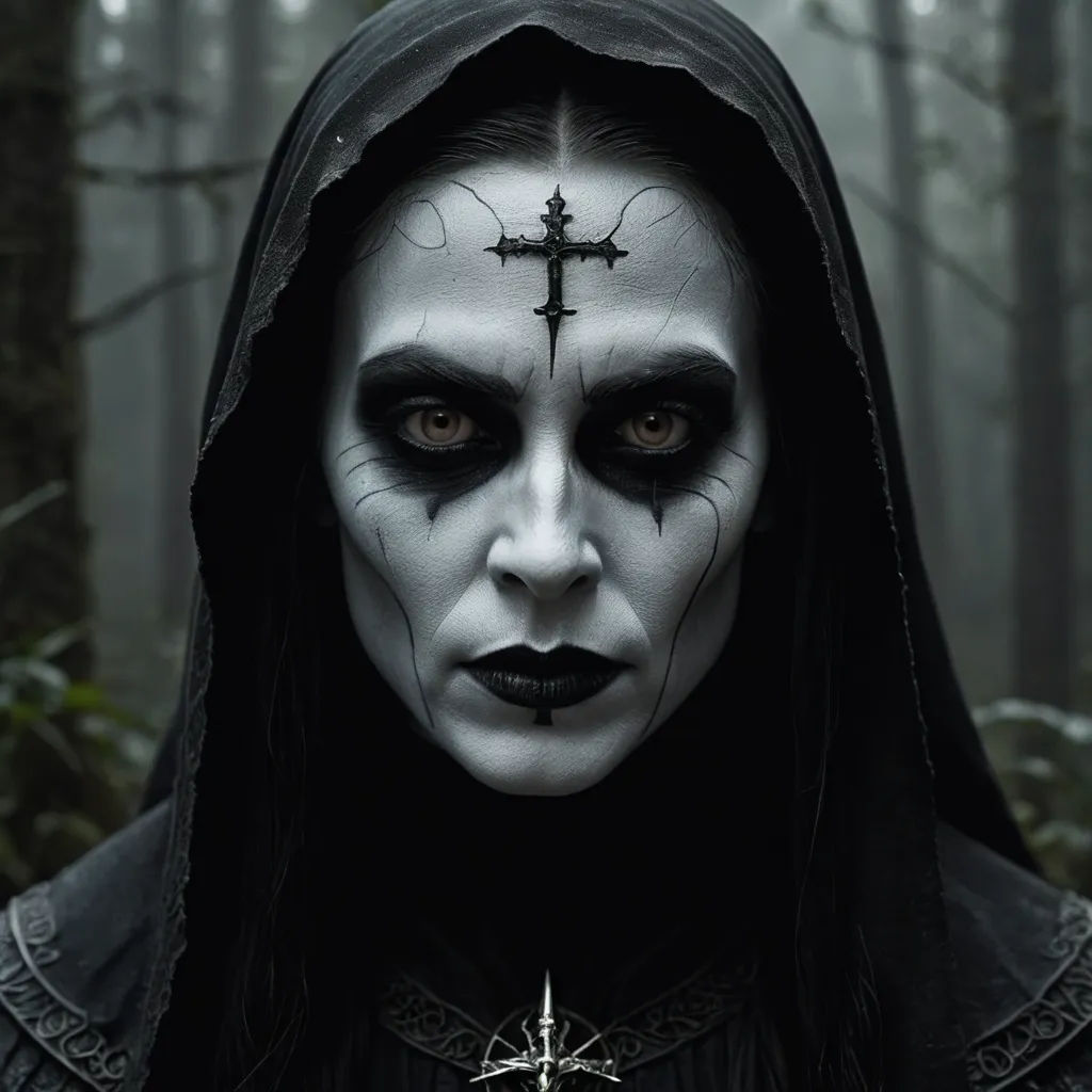 a woman with makeup and a cross on her face in a forest with trees and fog behind her, wearing a black hooded hood and a cross, gothic art, a character portrait, Bálint Kiss, dark art