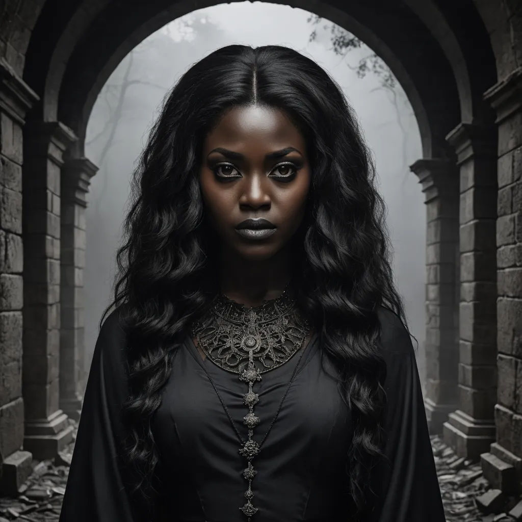 a woman with long black hair and a black dress is standing in an archway with a black background and a black background, gothic art, a character portrait, Dirk Crabeth, dark shadows