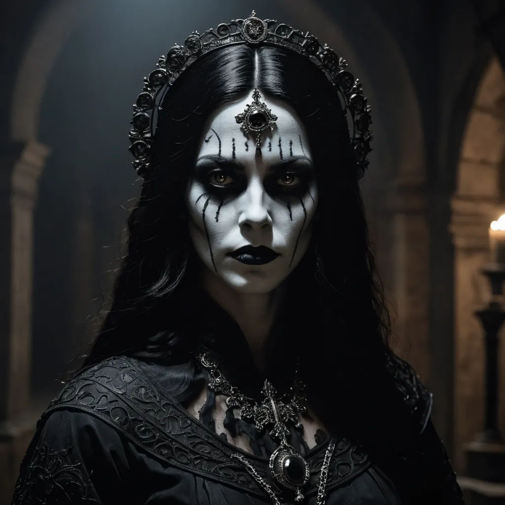 a woman with makeup and makeup art on her face and face paint on her face, wearing a black dress and a crown, gothic art, a character portrait, Dirk Crabeth, dark art