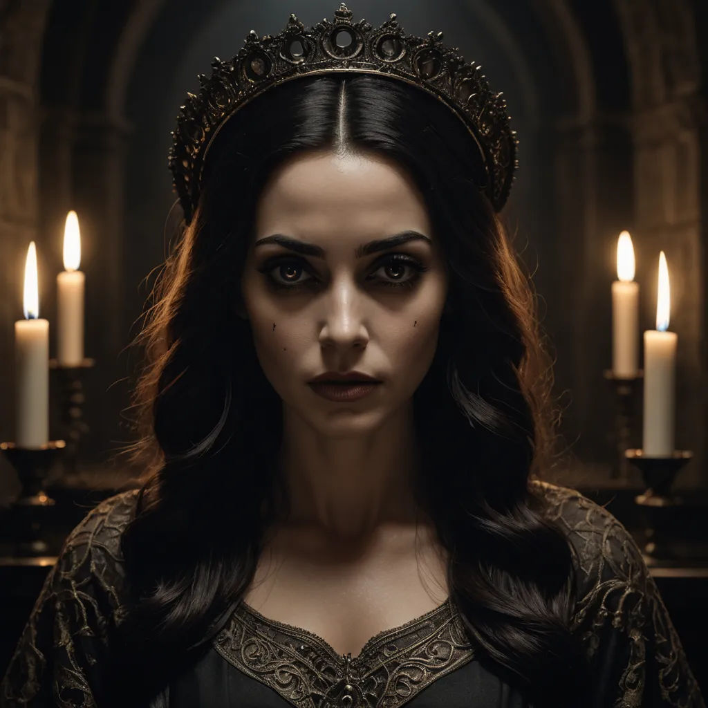 a woman with a crown on her head and candles in the background, in a dark room with a chandelier, gothic art, a character portrait, Dirk Crabeth, promotional image