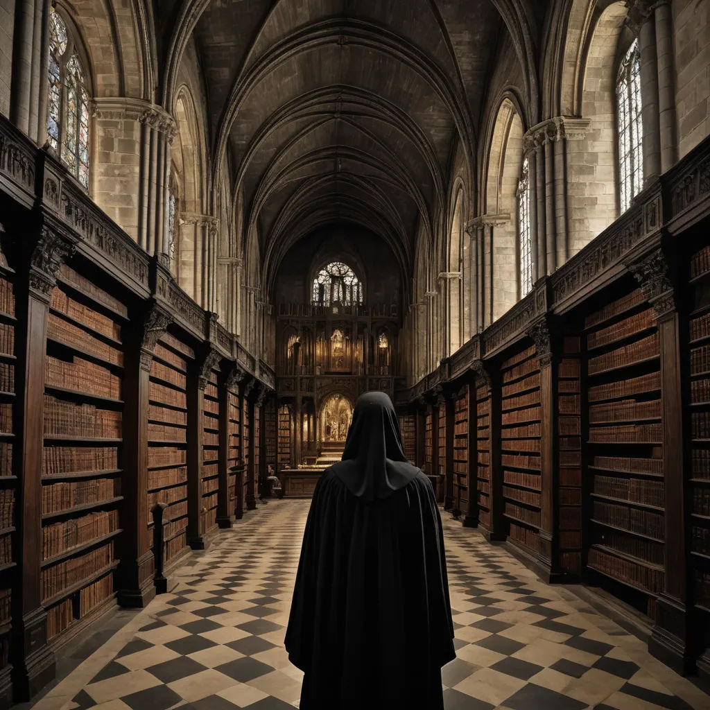 a nun in a library with a black robe on her head and a black robe on her head, looking at bookshelves, gothic art, a detailed matte painting, Dirk Crabeth, arcane
