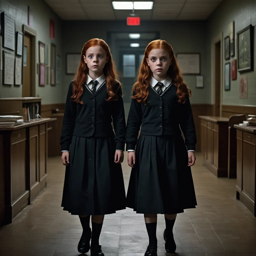 two girls in school uniforms standing in a hallway with posters on the wall behind them and a hallway leading to the hallway, international gothic, poster art, Dirk Crabeth, promotional image