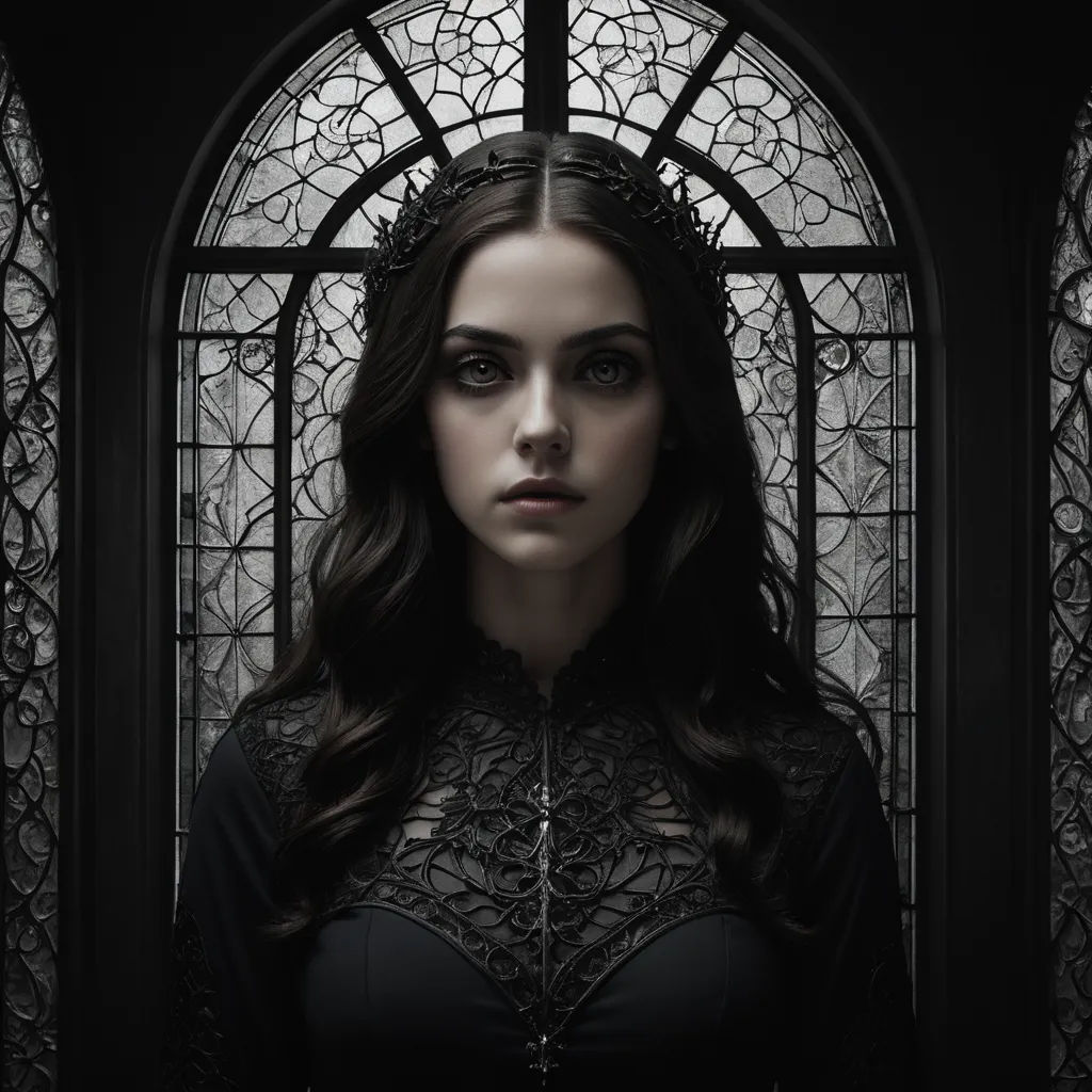 a woman with long hair wearing a black dress and a crown stands in front of a stained glass window, gothic art, a character portrait, Dirk Crabeth, gothic