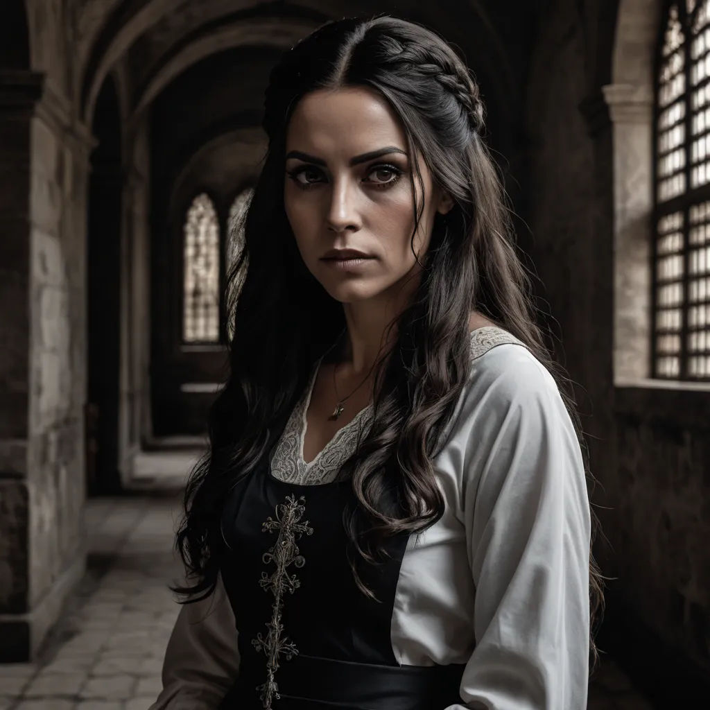 a woman in a black and white dress standing in a hallway with a window behind her and a brick floor, renaissance, a character portrait, Araceli Gilbert, promotional image