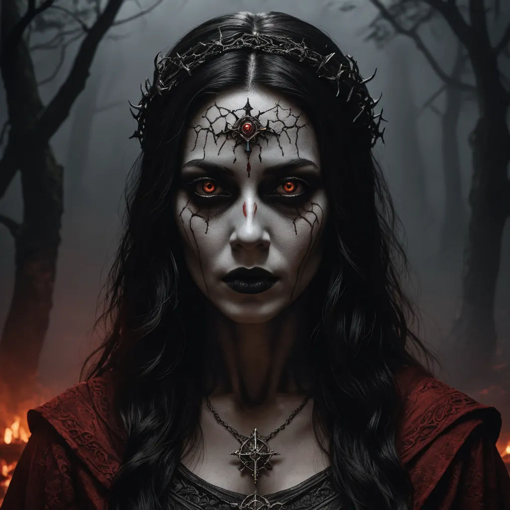 a woman with red eyes and a crown on her head in a dark forest with a red glow on her face, gothic art, a character portrait, Dirk Crabeth, dark fantasy art