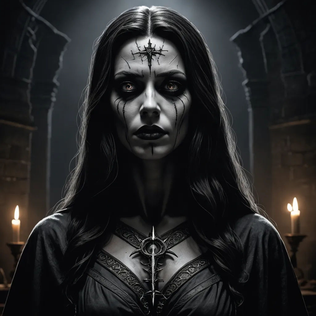 a woman with makeup and a cross on her forehead in a dark room with candles and candlesticks, gothic art, poster art, Dirk Crabeth, dark art